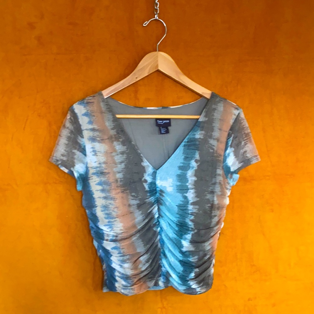 Ruched mesh tie dye printed top